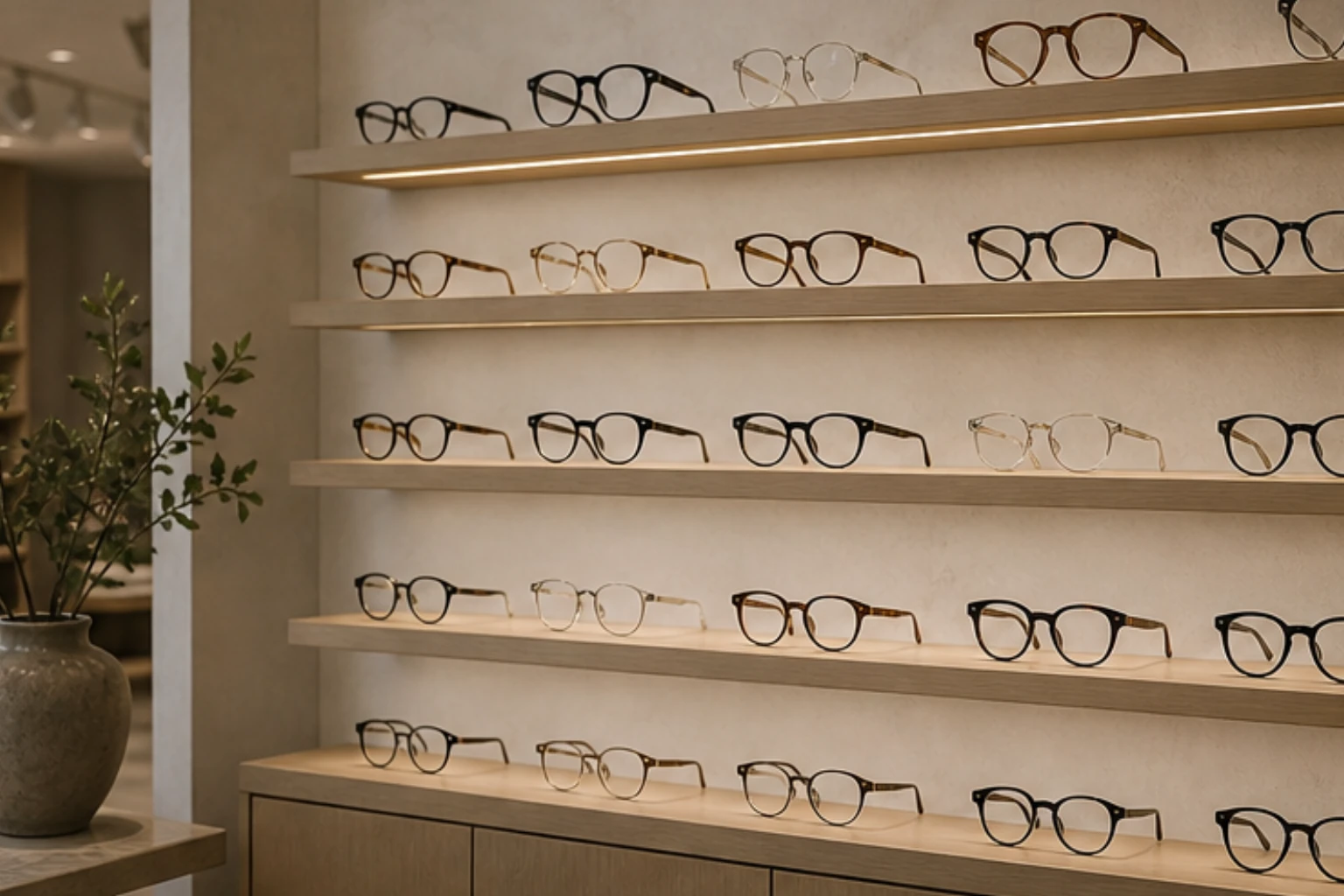 eyewear frame wall with varied silhouettes balanced spacing and soft boutique light