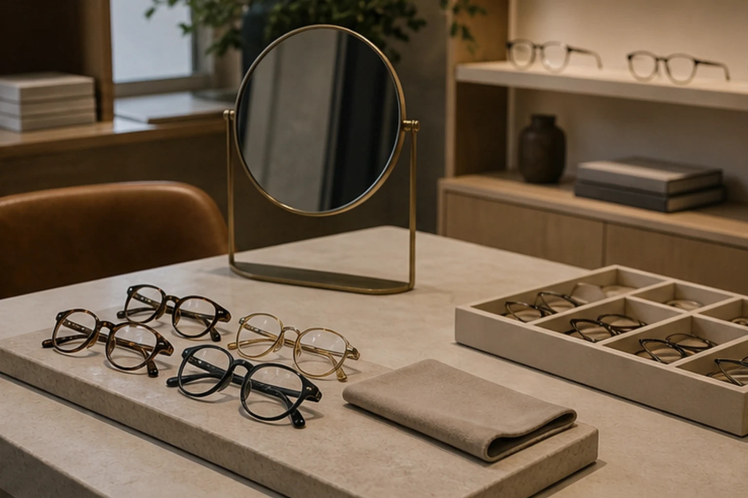 try-on desk with selected frames mirror cloth and calm optical styling