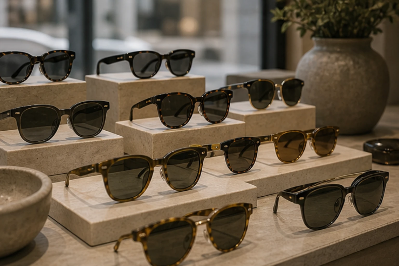 sunglasses display with tinted lenses acetate frames and clean retail composition