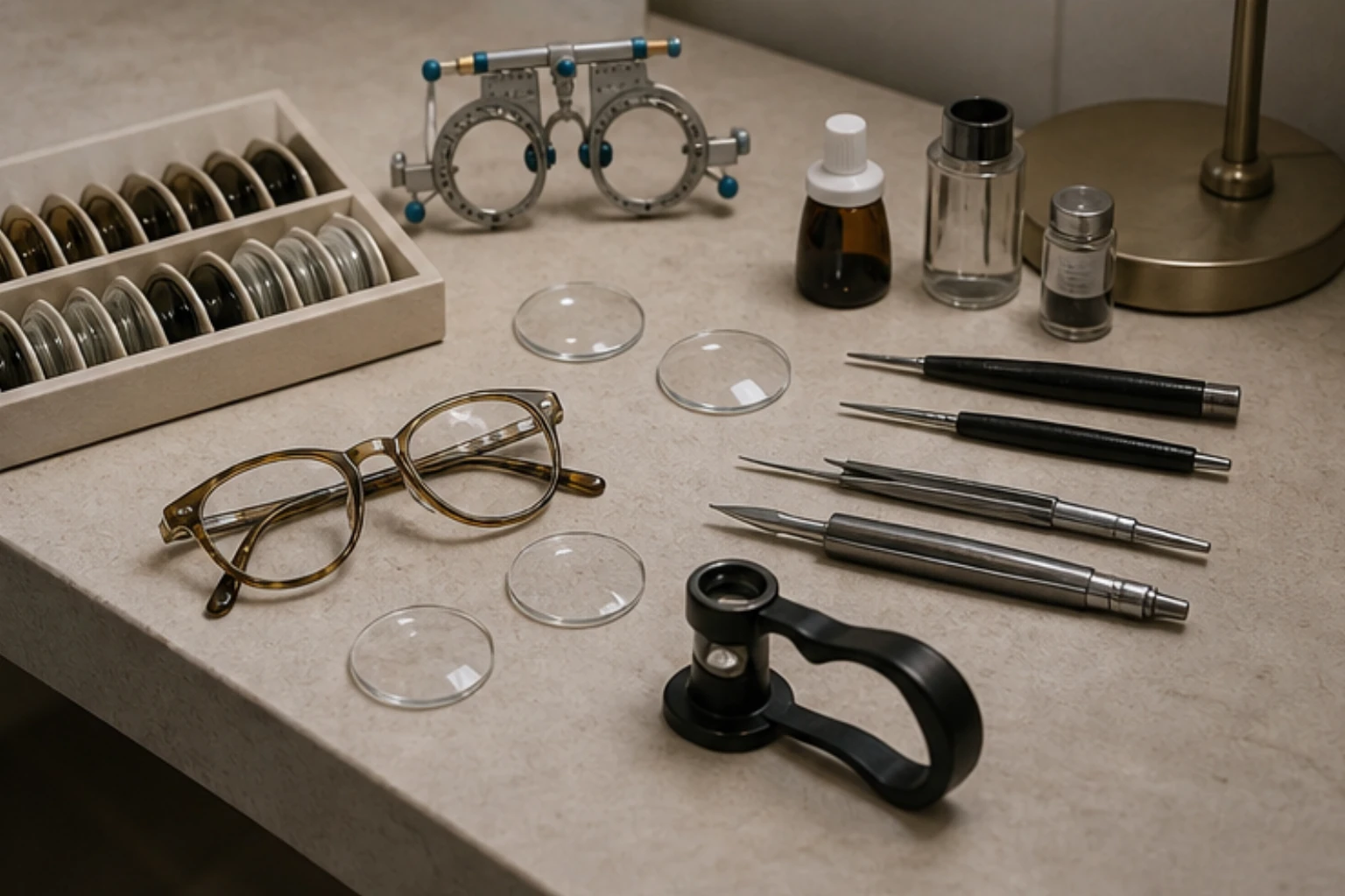 optical tools and lenses arranged on a light workstation without visible brands