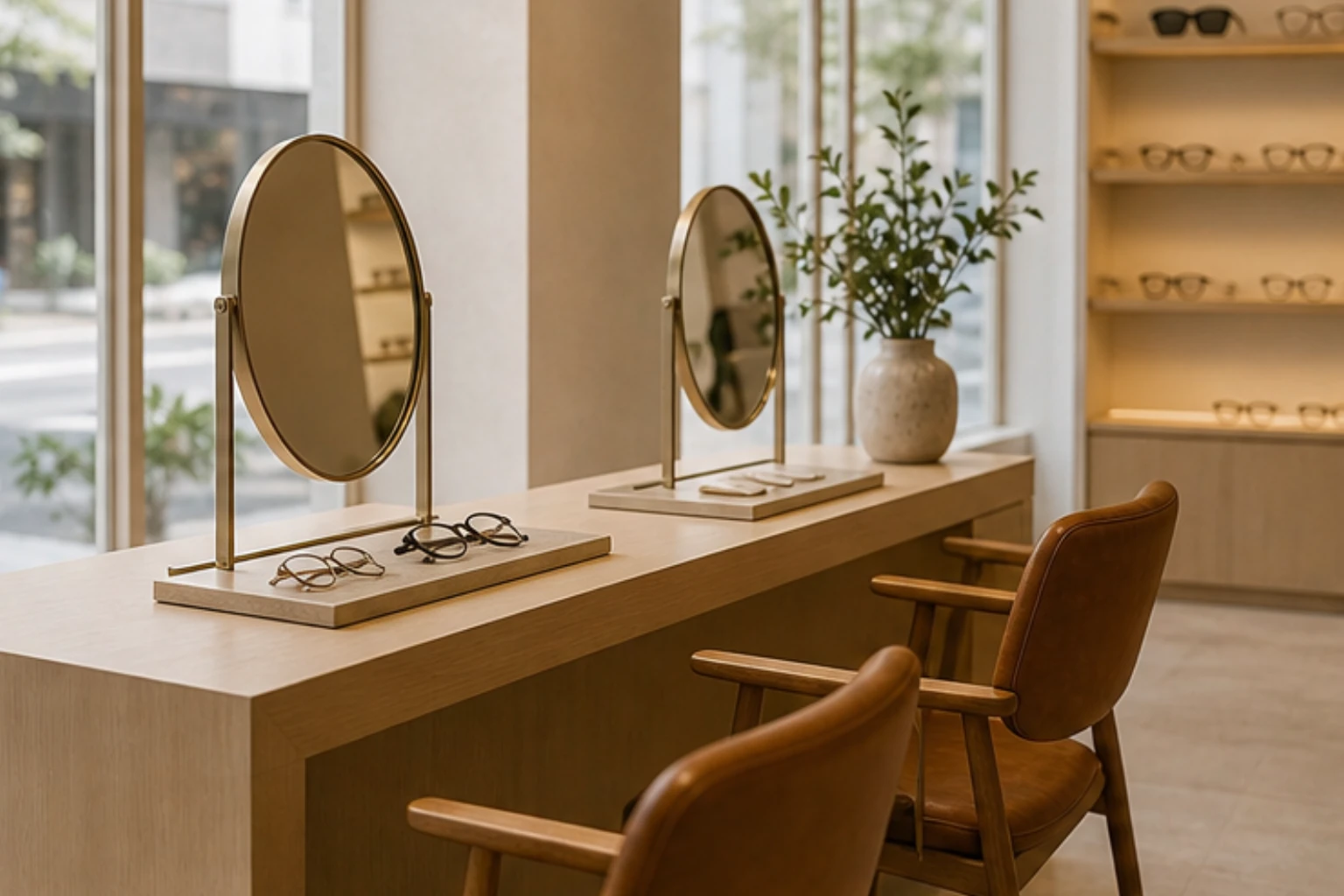 mirror bay for eyewear try-on with warm seating and natural window light
