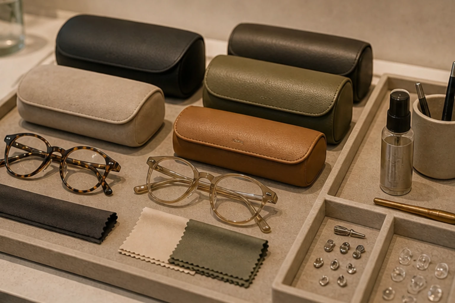 premium eyewear cases cleaning cloths and accessories in a calm display tray