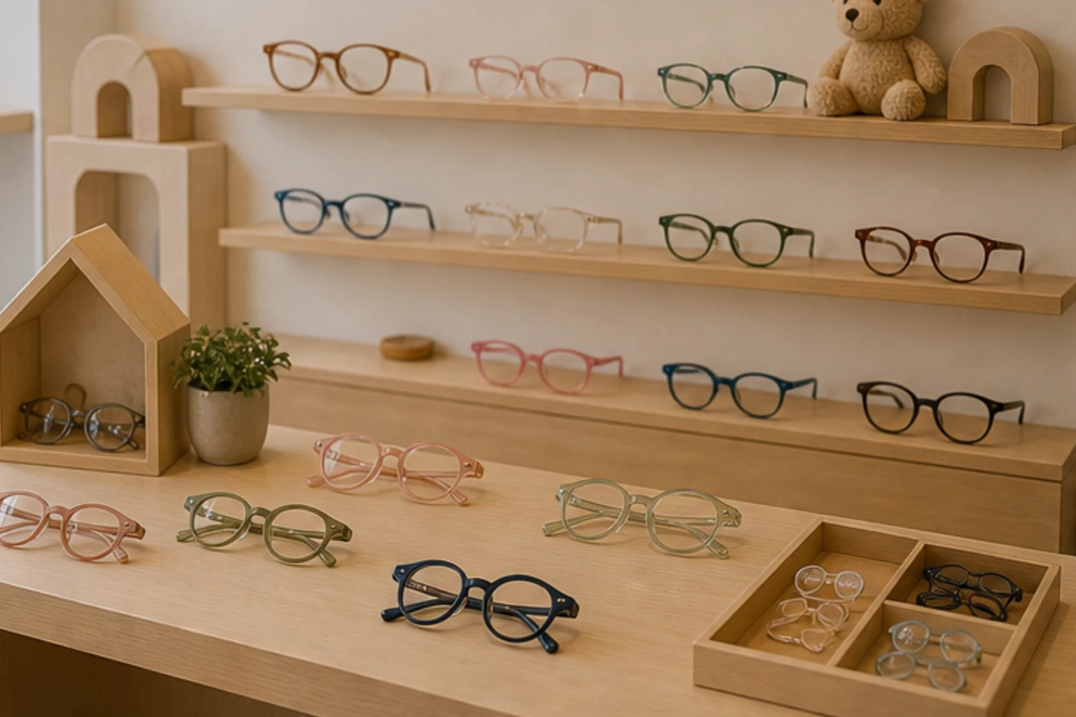 children eyewear display with softer colors playful shapes and clean shelving