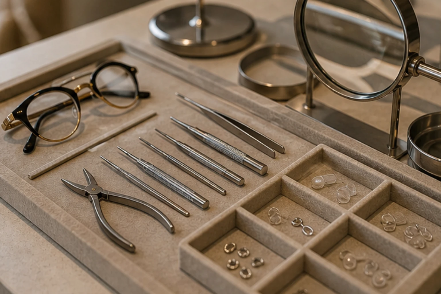 repair tray with screws nose pads tools and small optical service details