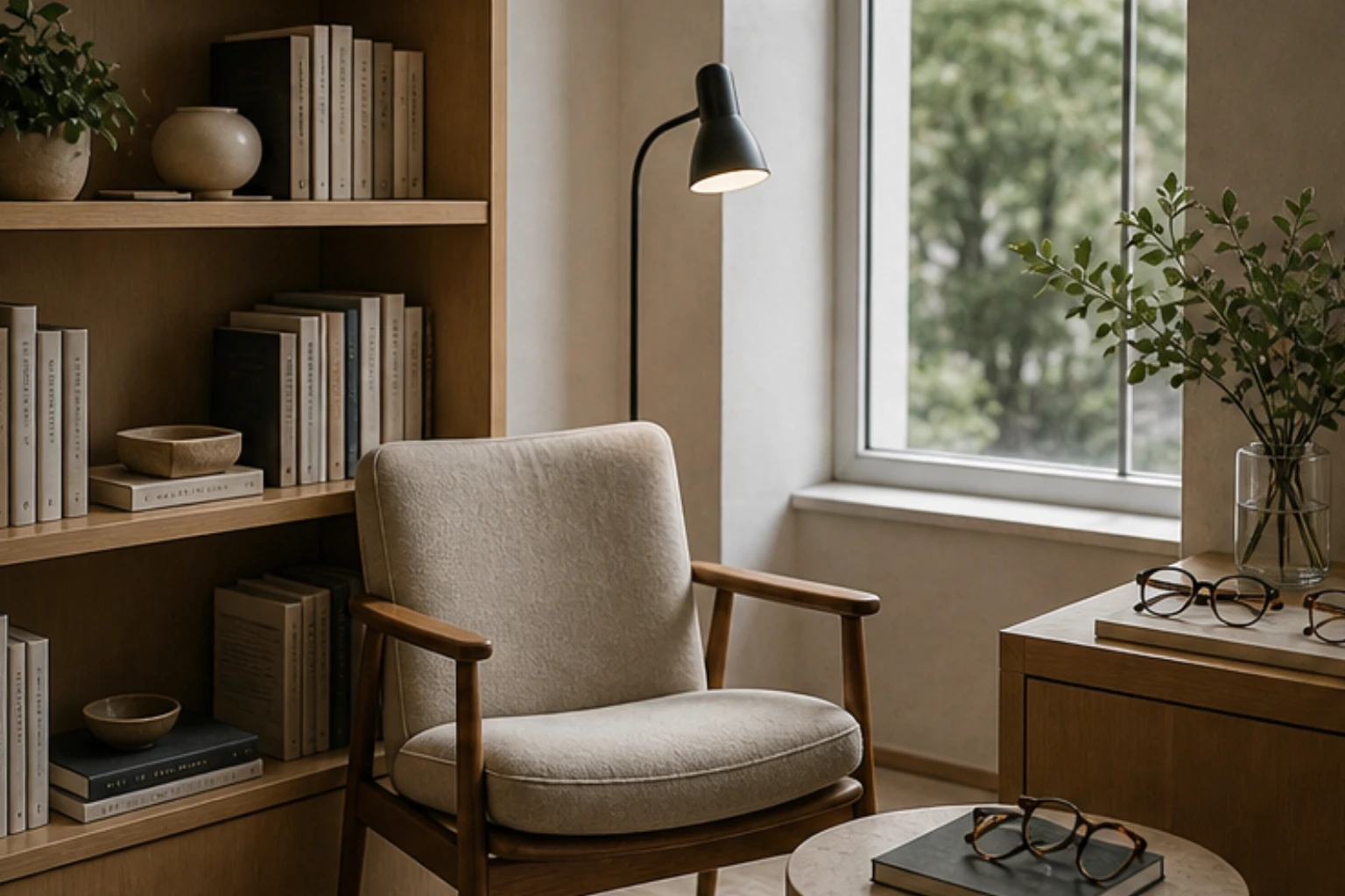 reading eyewear corner with books chair natural light and classic frame styling