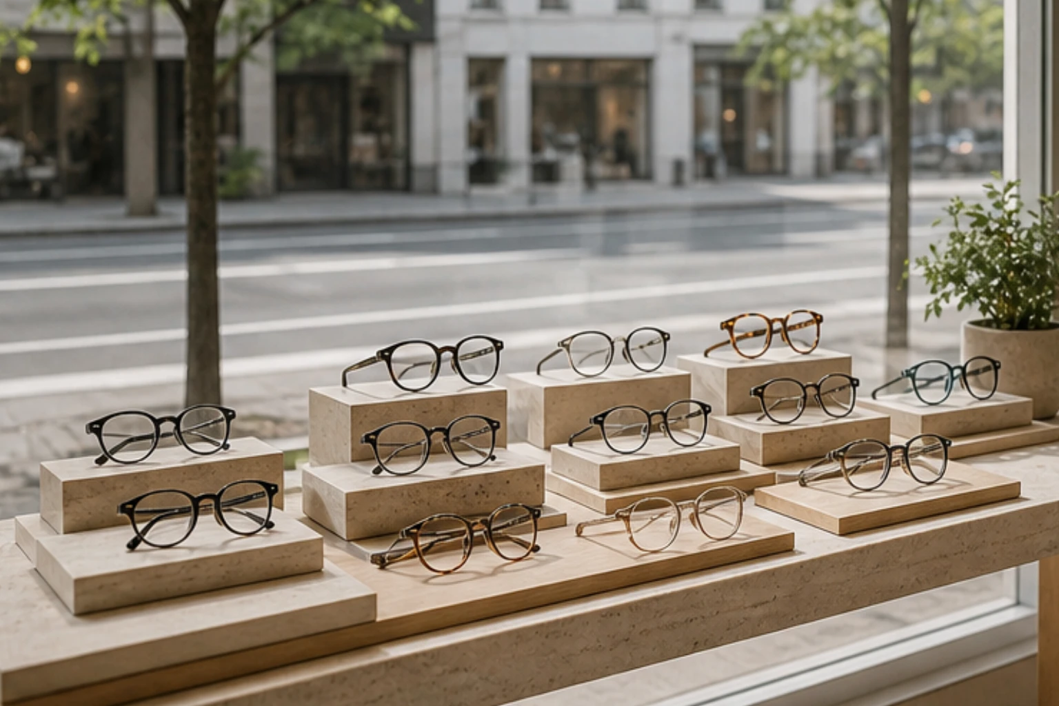 bright storefront eyewear display facing the street with soft reflections and orderly frames