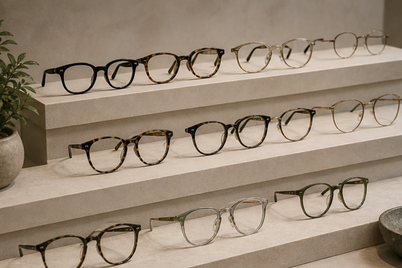 optical frame collection with acetate metal silhouettes and clean neutral surfaces