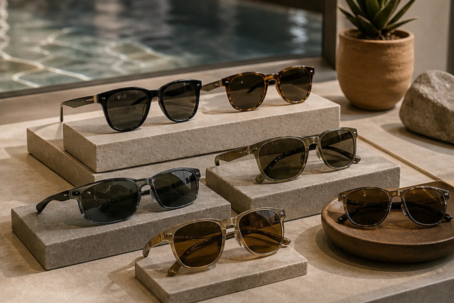 sunglass edit with tinted lenses elevated trays and resort-inspired lighting