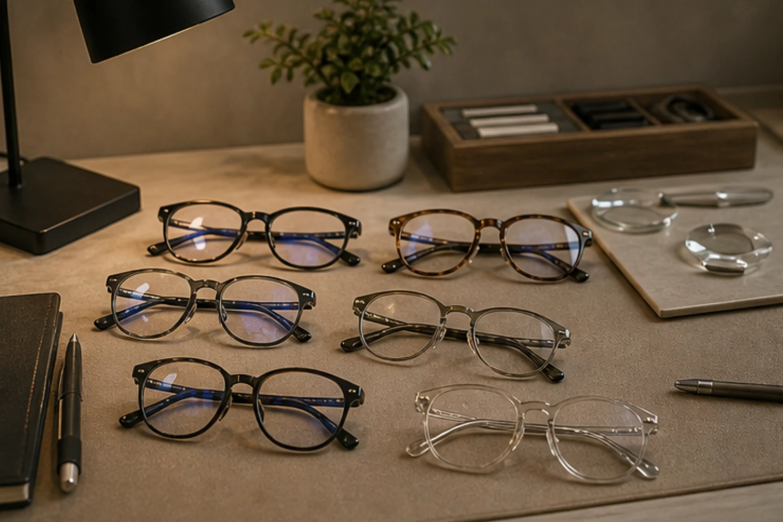 blue light eyewear collection with desk setup cues and cleaner optical styling