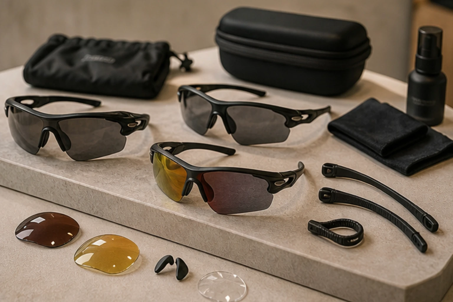 sport eyewear edit with wrap frames cases and performance accessory details