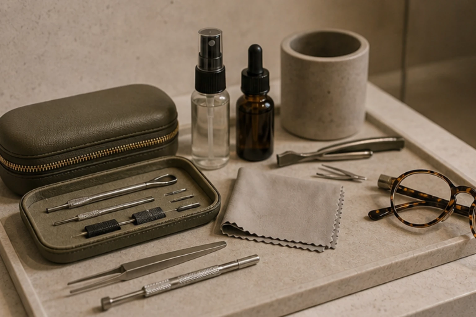 eyewear care kit with cleaning spray cloth tools and elegant storage cases